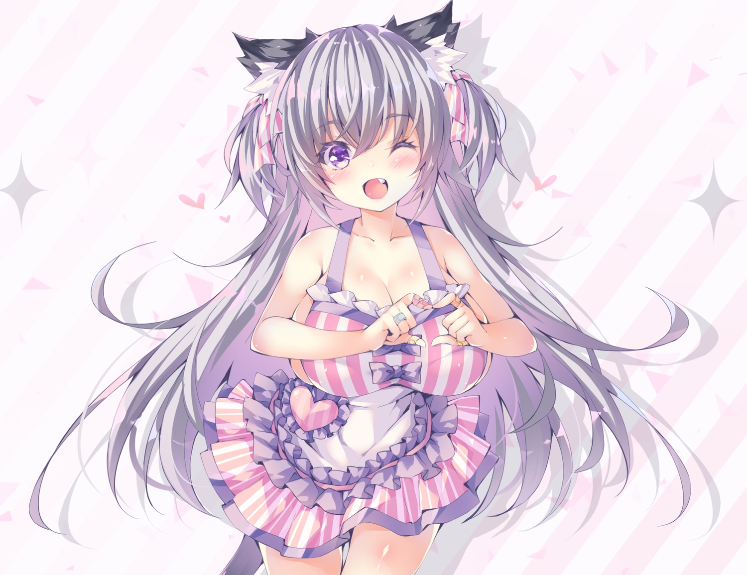 animal_ears, apron, bandaid, blush, bow, breasts, catgirl, cleavage