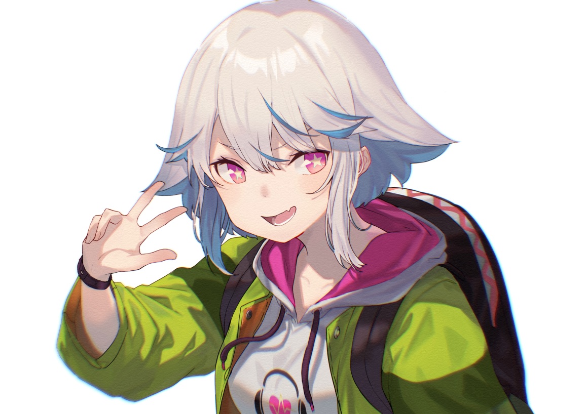 close, fang, gray_hair, hood, original, peroncho, pink_eyes, short_hair