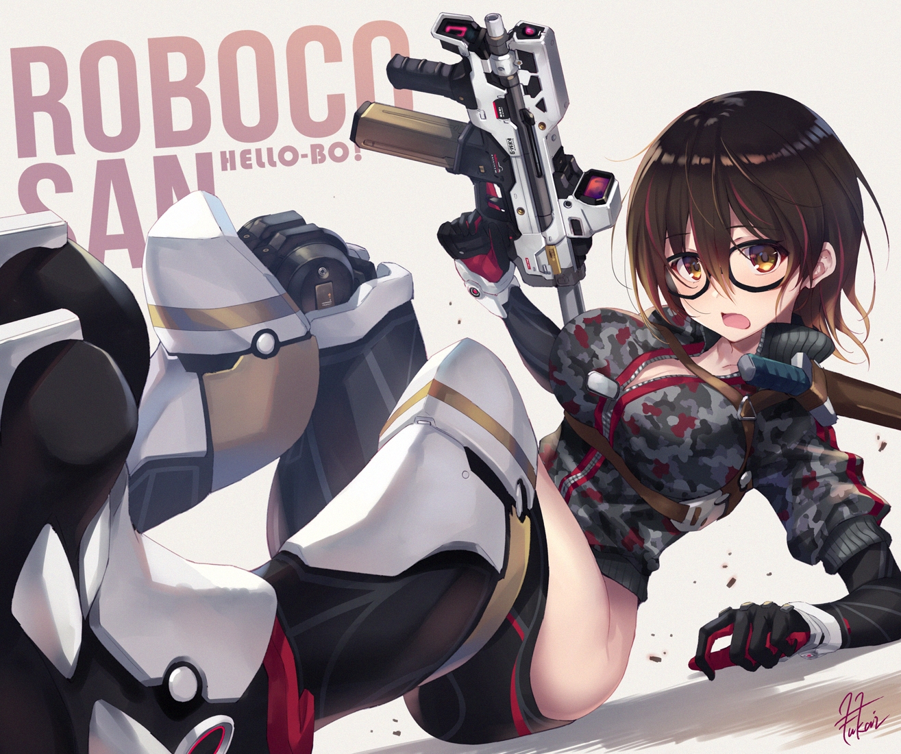 breasts, cleavage, fukai_ryousuke, glasses, hololive, roboco-san, short_hair, signed