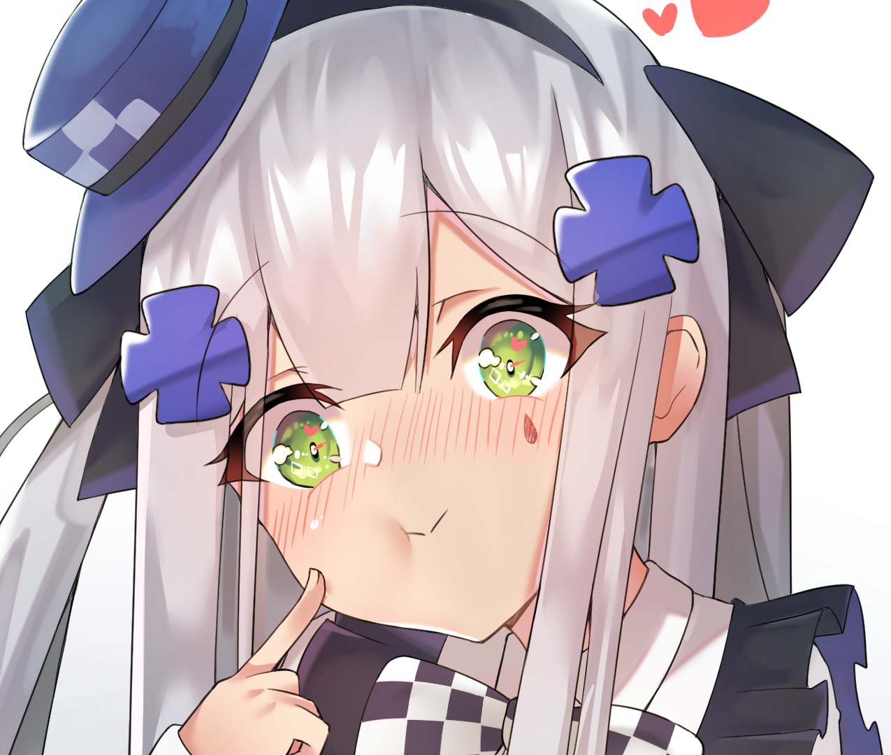 anthropomorphism, blush, bow, close, cropped, girls_frontline, gray_hair, green_eyes, hat, headband, heart, hk416_(girls_frontline), long_hair, meow_nyang, tattoo, white