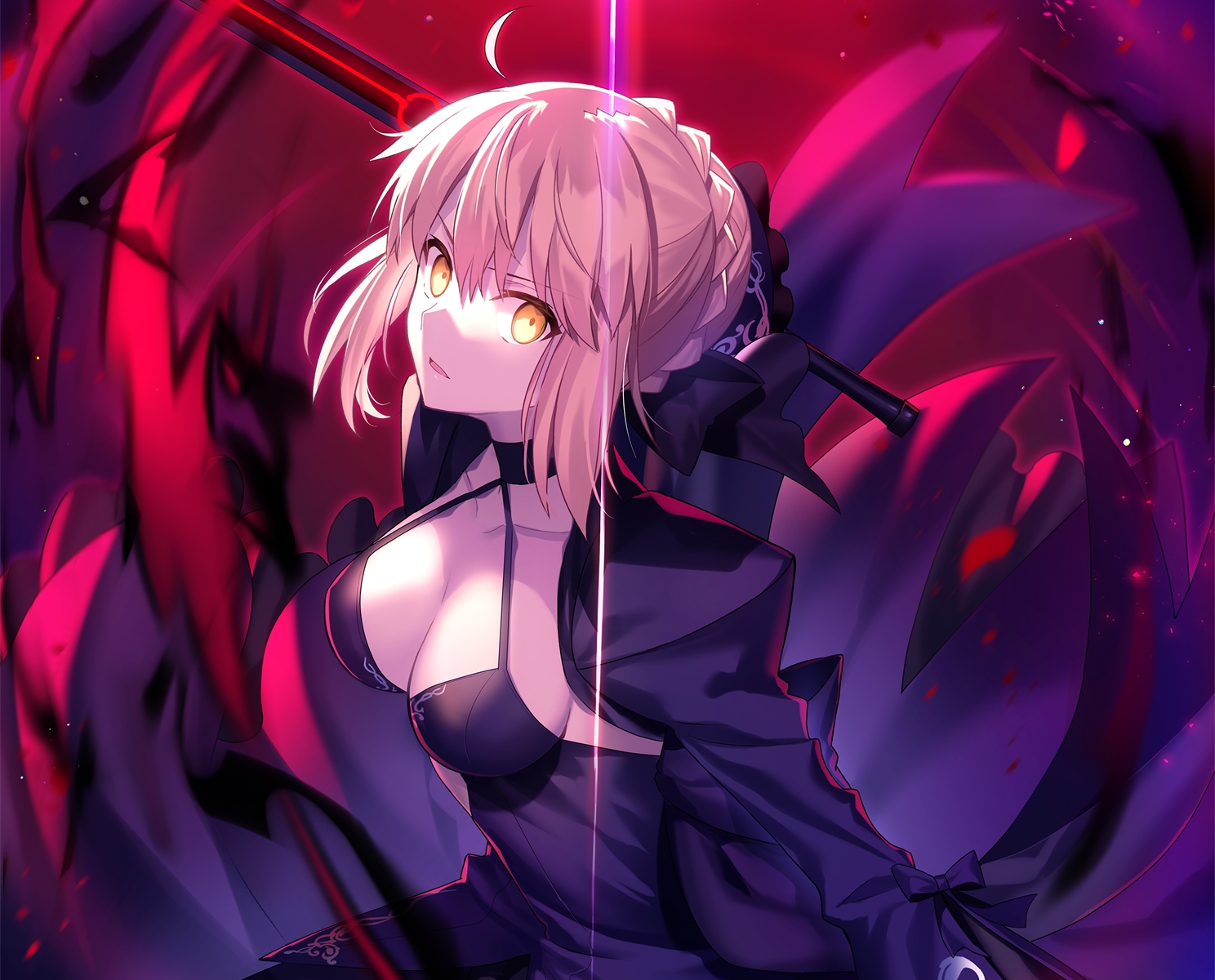 artoria_pendragon_(all), blonde_hair, breasts, choker, cleavage, cropped, dress, fate_(series)