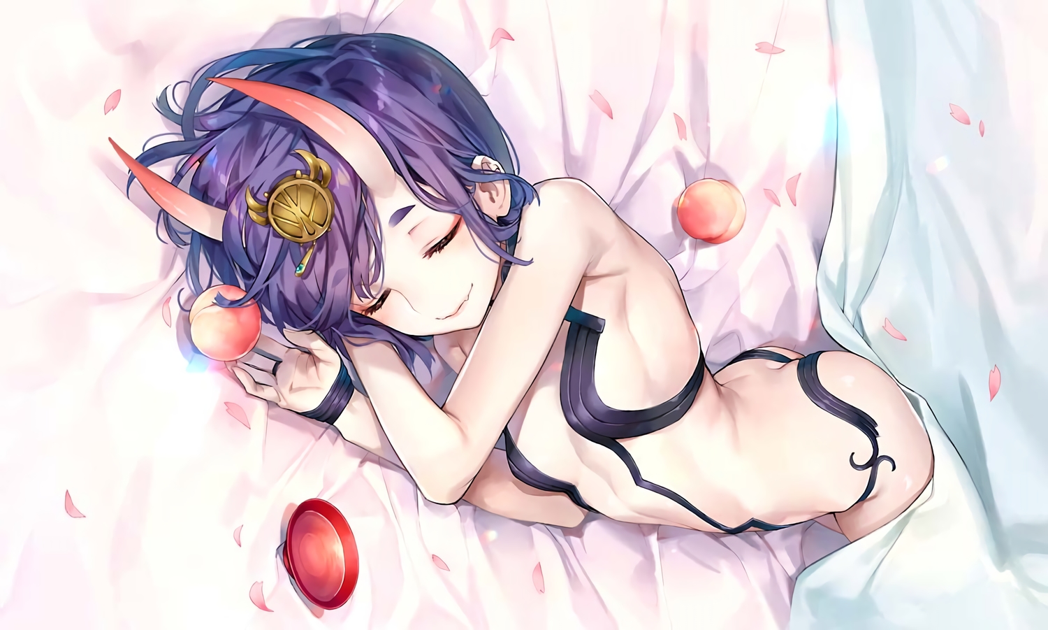 ass, bed, demon, drink, fang, fate/grand_order, fate_(series), food, fruit, horns, kaguyuzu, petals, purple_hair, sake, short_hair, shuten_douji_(fate), sleeping, waifu2x