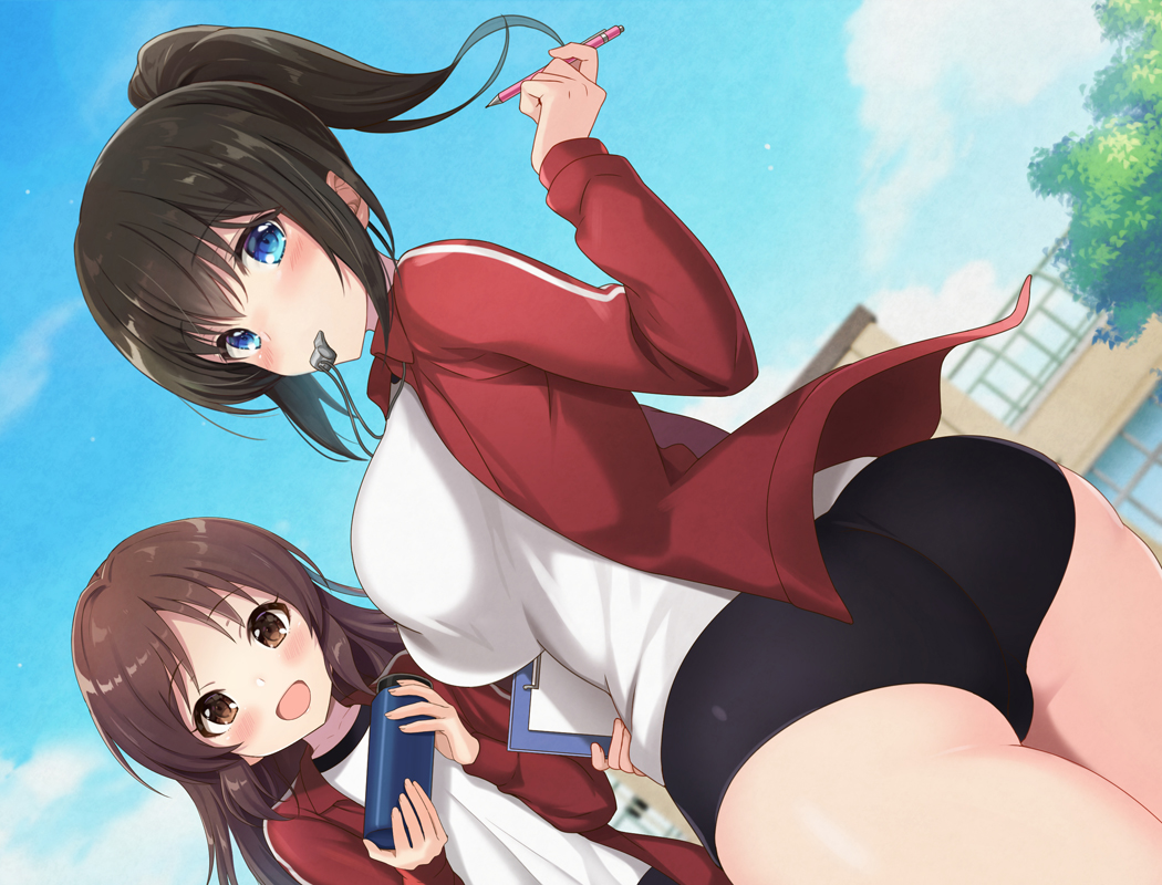 2girls, ass, azuki_yui, bloomers, blue_eyes, blush, breasts, brown_eyes