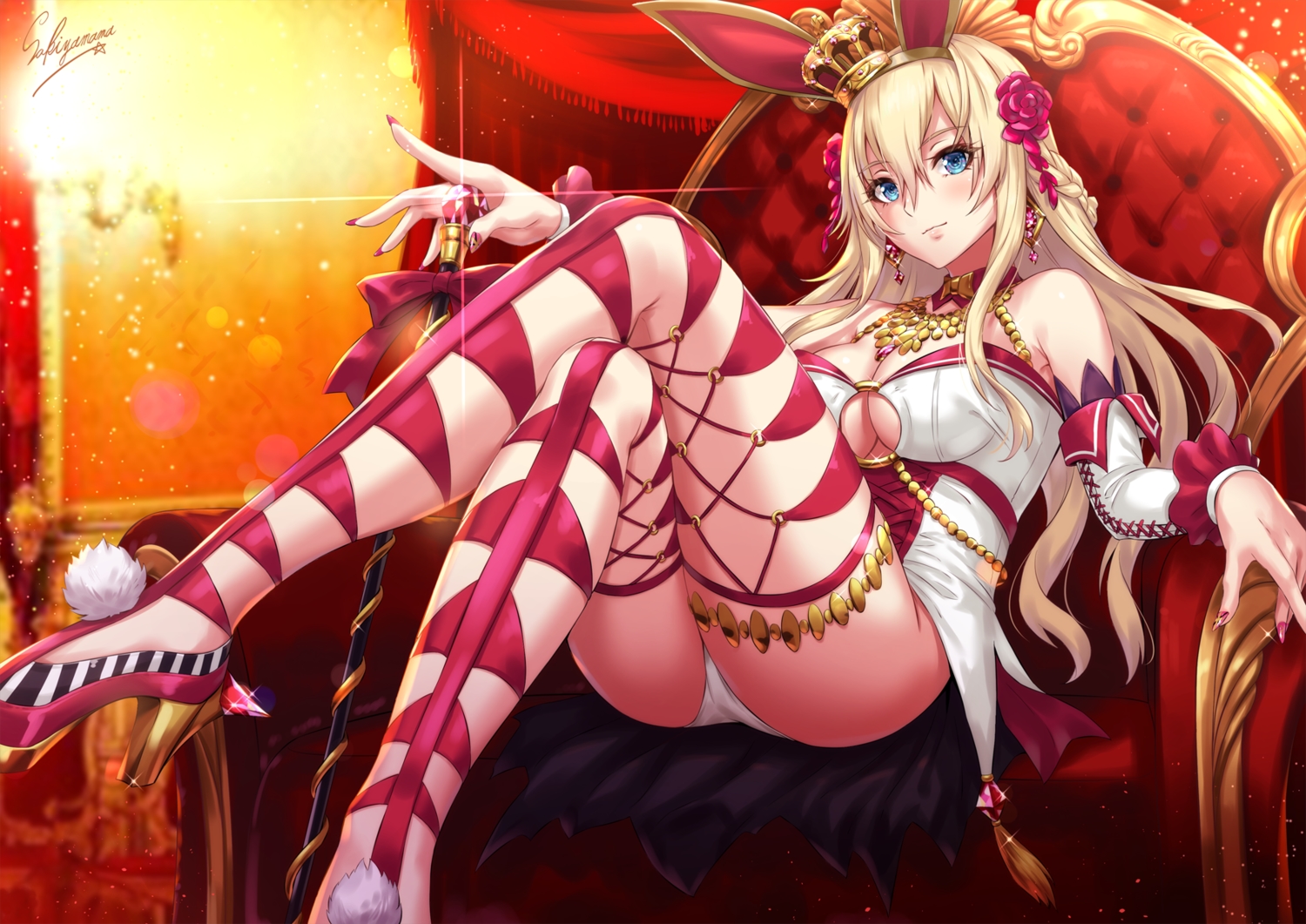 animal_ears, anthropomorphism, aqua_eyes, blonde_hair, blush, braids, breasts, bunny_ears