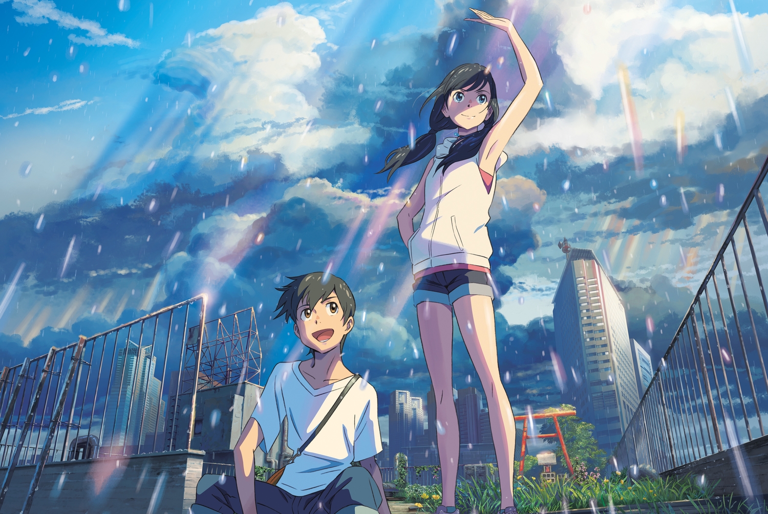 amano_hina, black_hair, blue_eyes, brown_eyes, building, city, clouds, flowers, grass, hood, long_hair, male, morisaki_hotaka, rain, rooftop, shinkai_makoto, short_hair, shorts, sky, tenki_no_ko, torii, twintails, water