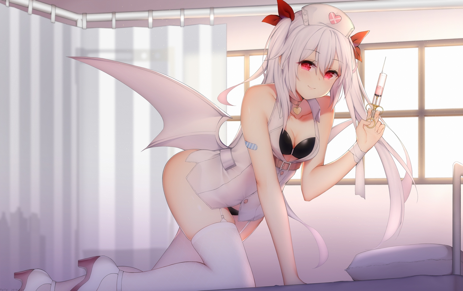 anthropomorphism, azur_lane, bandage, bandaid, bed, bra, breasts, choker, cleavage, garter_belt, hat, long_hair, nurse, open_shirt, panties, red_eyes, stockings, taitai, thighhighs, twintails, underwear, vampire, vampire_(azur_lane), watermark, white_hair, wings, wristwear