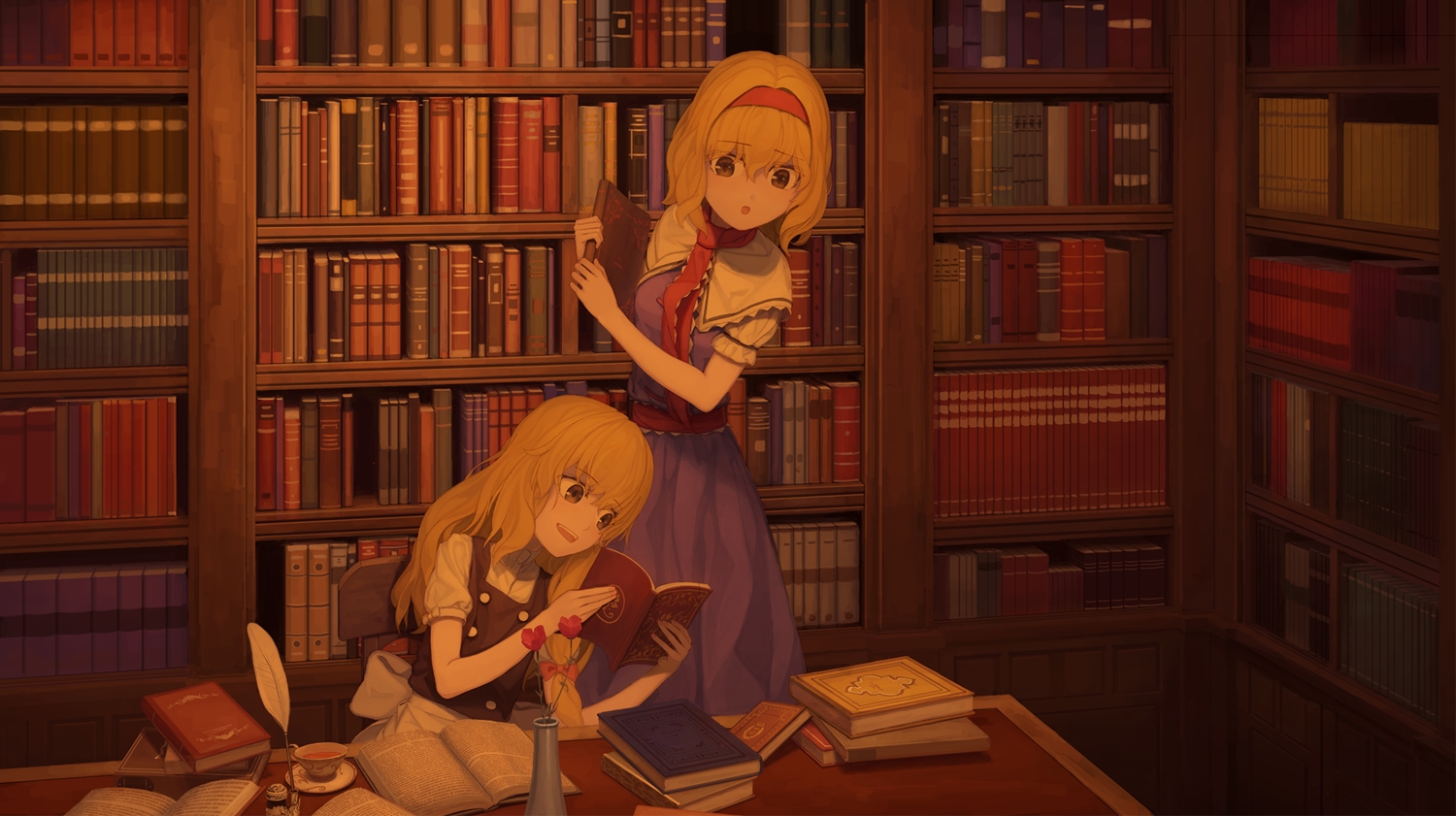 2girls, alice_margatroid, blonde_hair, book, dress, drink, flowers, headband