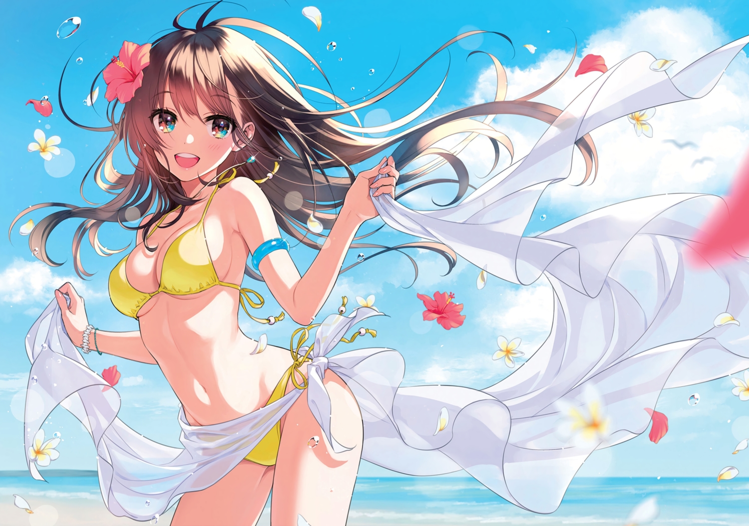 beach, bikini, brown_hair, cropped, flowers, long_hair, morikura_en, navel