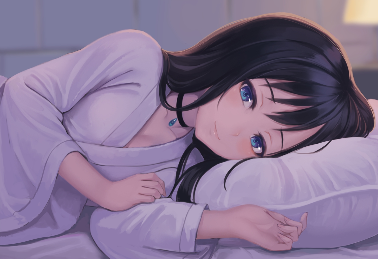 amano_hina, bed, black_hair, blue_eyes, blush, choker, close, japanese_clothes