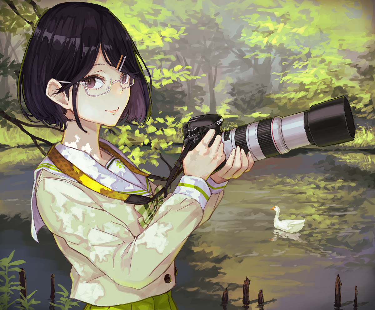 animal, bird, black_hair, bow, brown_eyes, camera, forest, glasses, nijisanji, reflection, school_uniform, seto_miyako, short_hair, tree, water, yasukura_(shibu11)