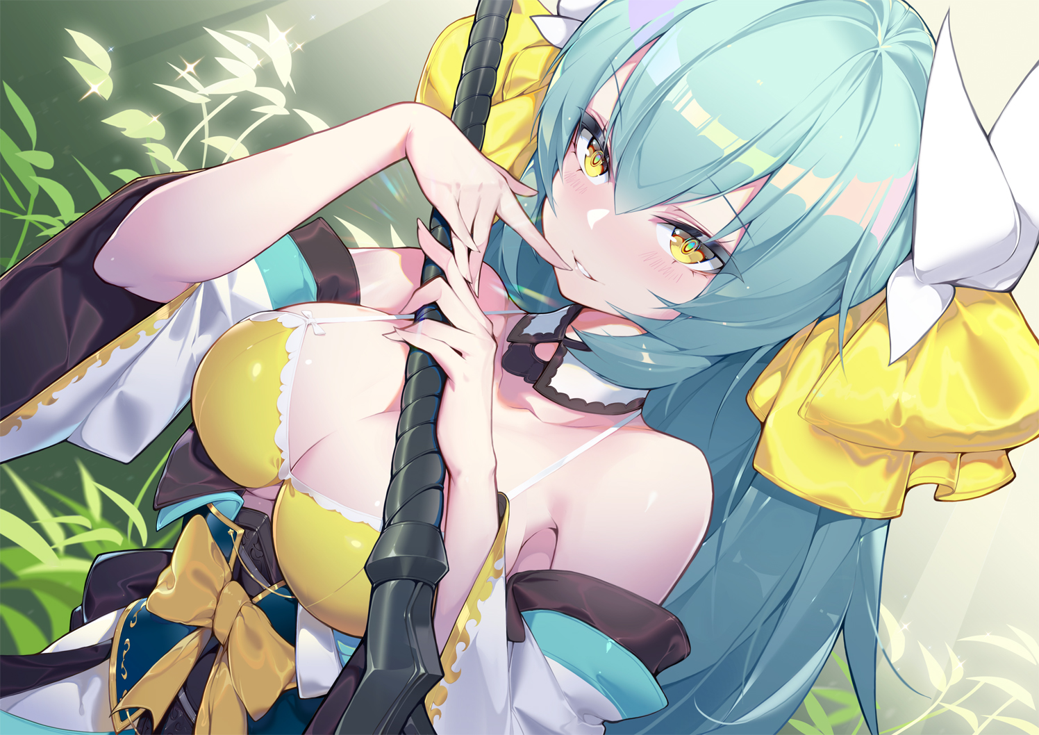 bikini_top, blush, bow, breasts, calder, cleavage, fate/grand_order, fate_(series), green_hair, horns, kiyohime_(fate/grand_order), long_hair, spear, weapon, yellow_eyes