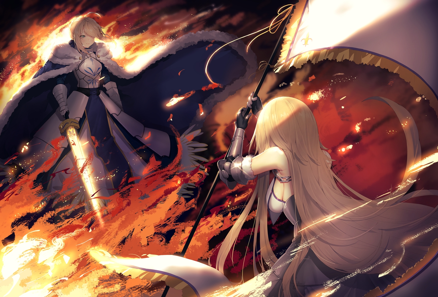 2girls, armor, artoria_pendragon_(all), blonde_hair, cape, dress, fate/grand_order, fate_(series)