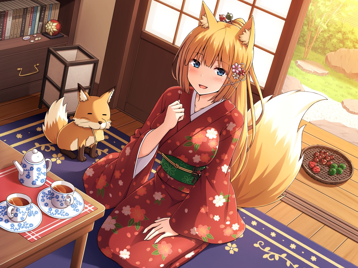 animal, animal_ears, blonde_hair, blue_eyes, blush, drink, food, fox