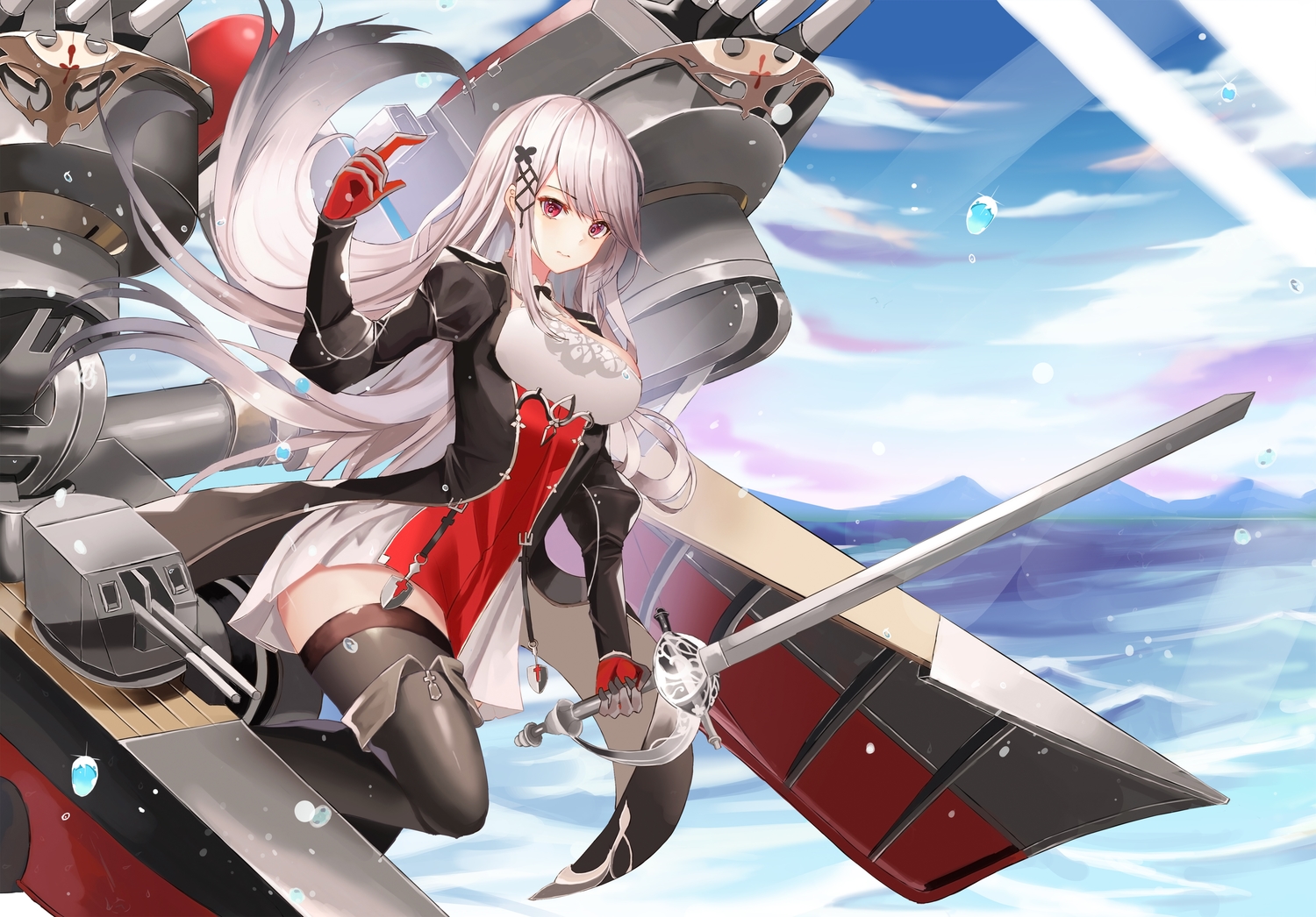 anthropomorphism, azur_lane, boots, breasts, cleavage, clouds, cup6542, dress, dunkerque_(azur_lane), gloves, gray_hair, long_hair, red_eyes, sky, sword, thighhighs, water, weapon