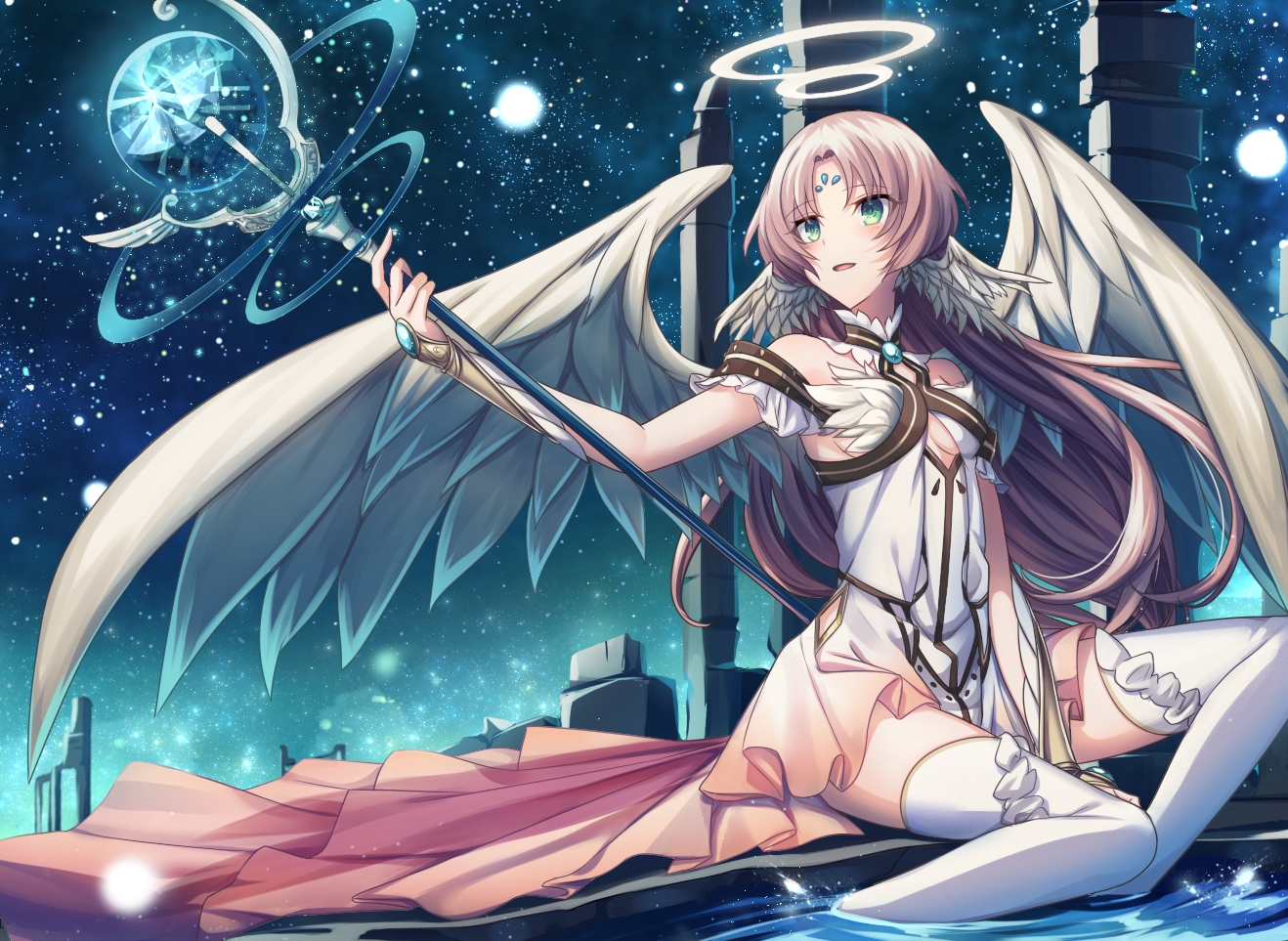 brown_hair, dress, green_eyes, halo, hinata_(uzukitten), long_hair, original, sky, staff, stars, thighhighs, water, wings