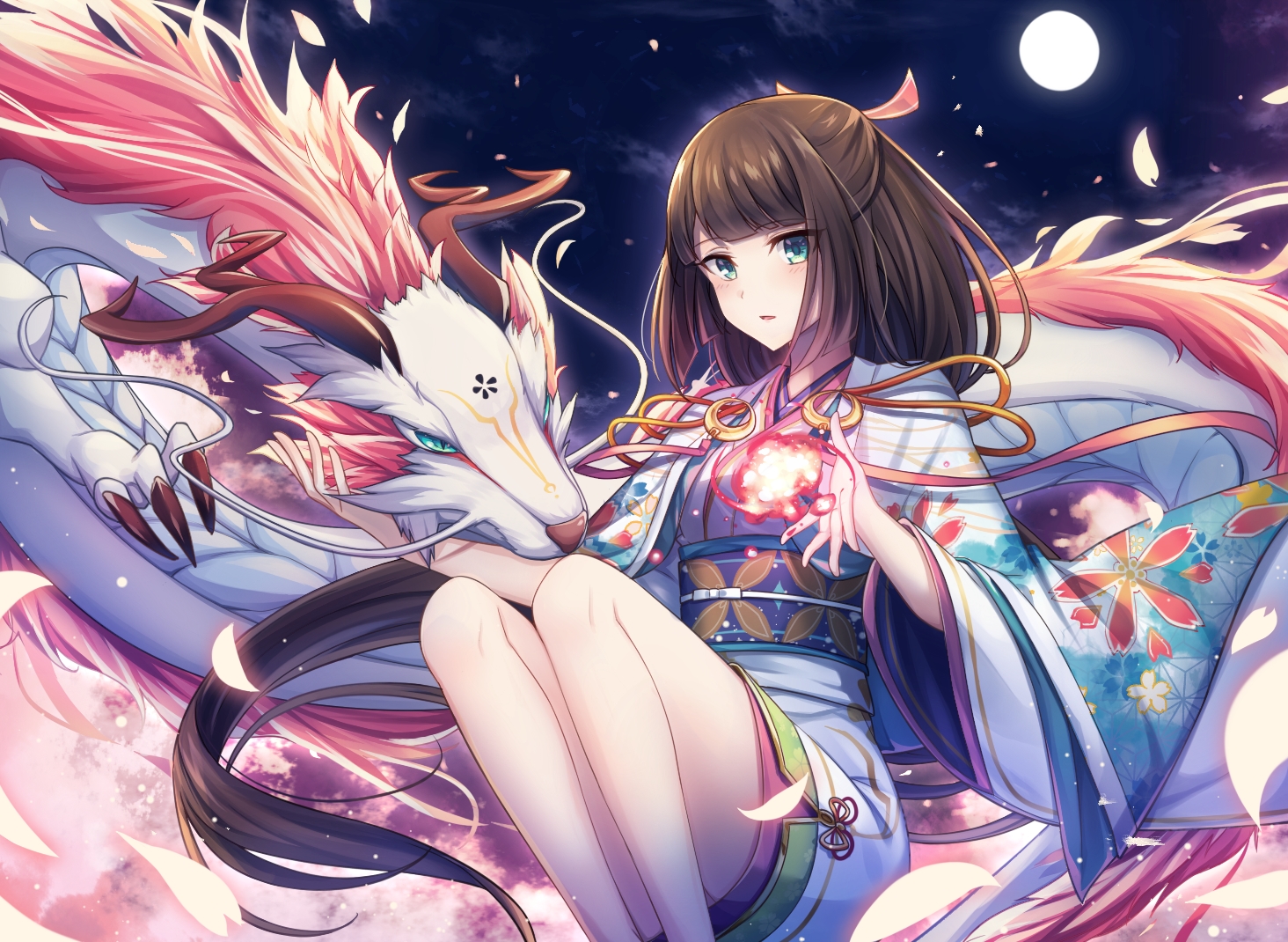 brown_hair, dragon, green_eyes, hinata_(uzukitten), japanese_clothes, kimono, long_hair, magic