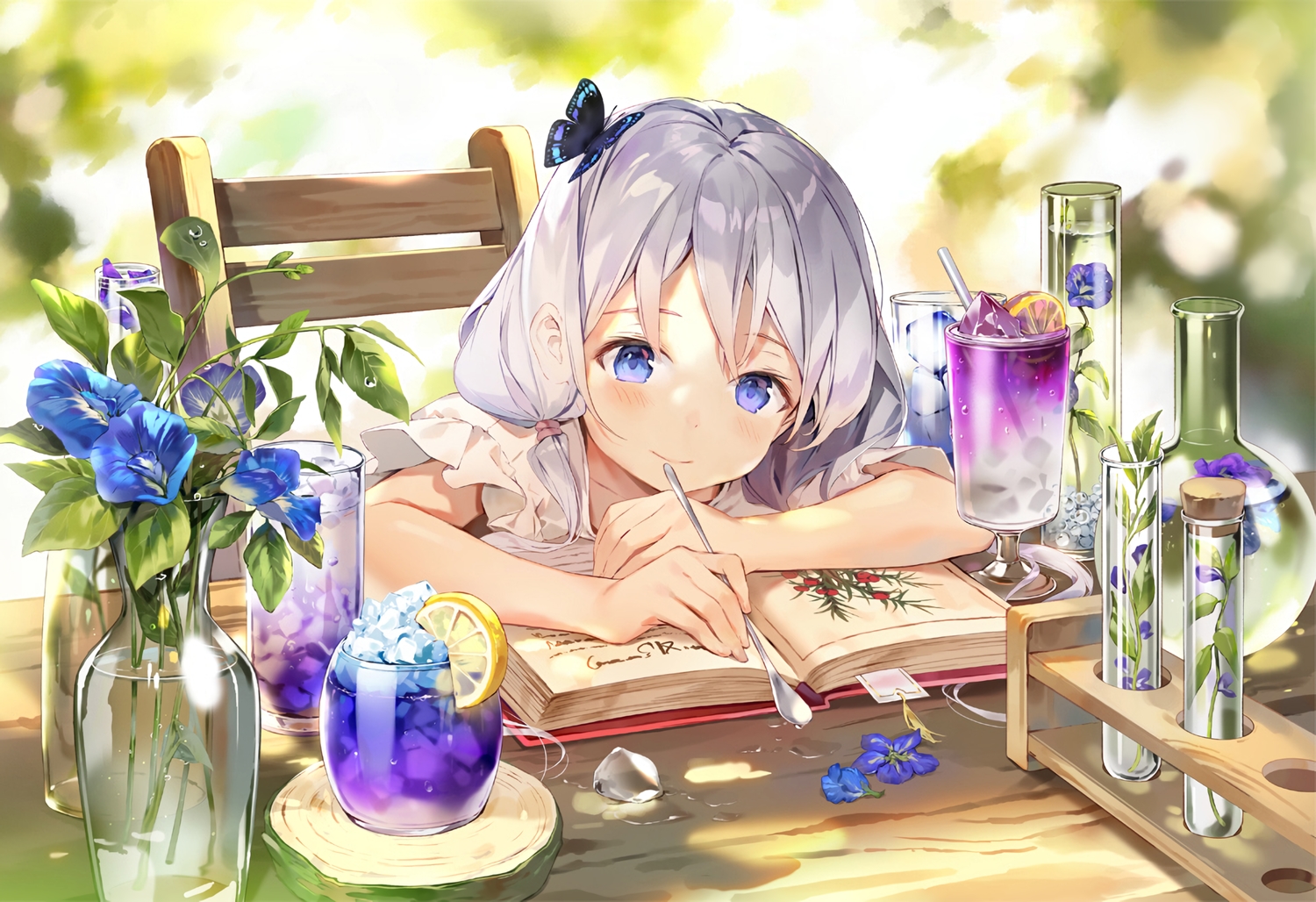 blue_eyes, blush, book, drink, flowers, gilse, gray_hair, leaves, loli, original, waifu2x