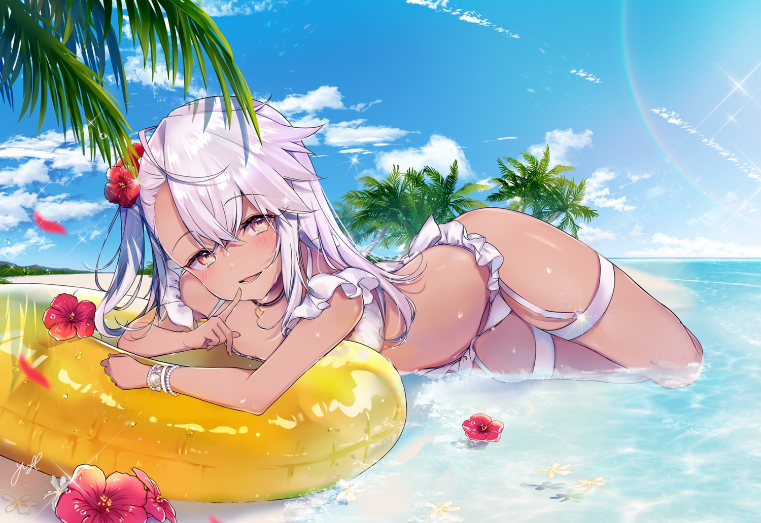 beach, bikini, blush, chloe_von_einzbern, choker, clouds, dark_skin, fate/kaleid_liner_prisma_illya