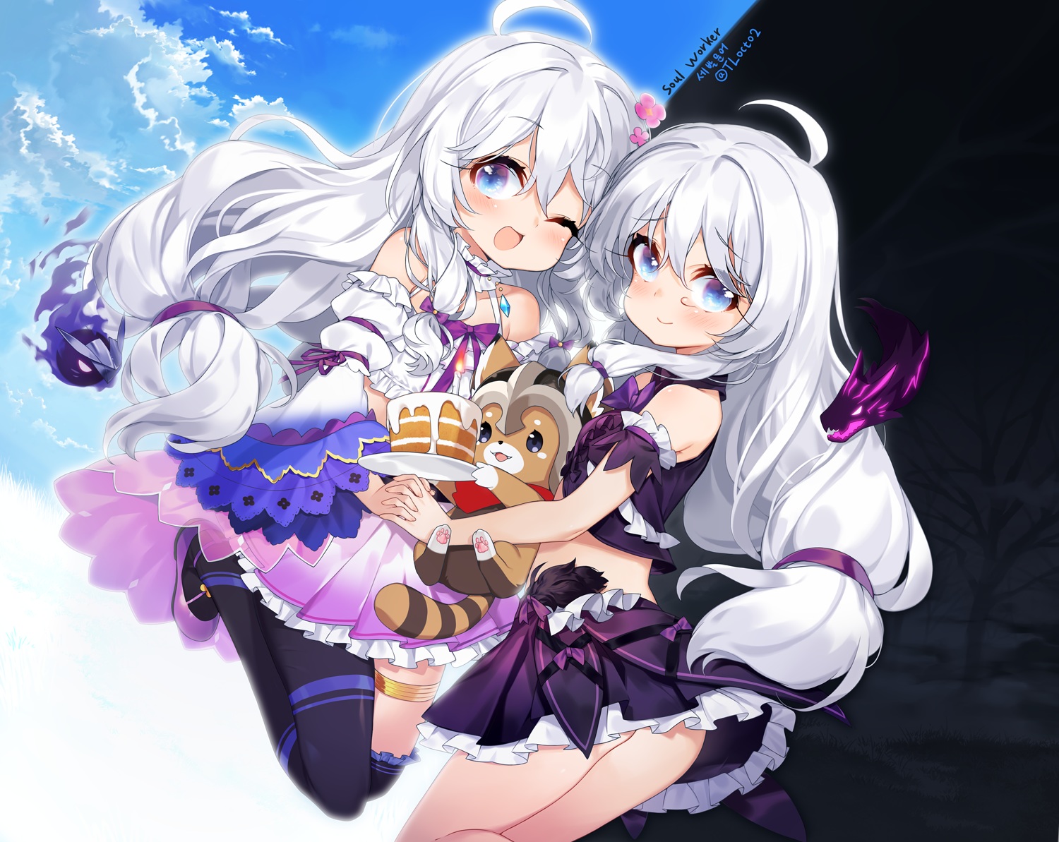 animal, aqua_eyes, blush, cake, clouds, food, loli, long_hair