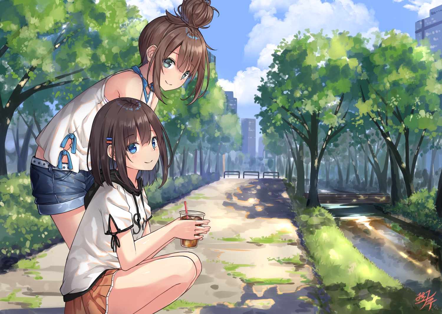 2girls, blue_eyes, brown_hair, drink, miko_fly, original, signed, tree