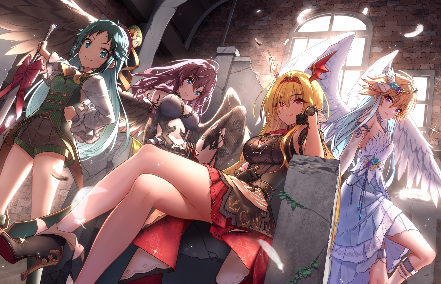 baffu, blonde_hair, blue_eyes, breasts, cleavage, dress, feathers, gloves