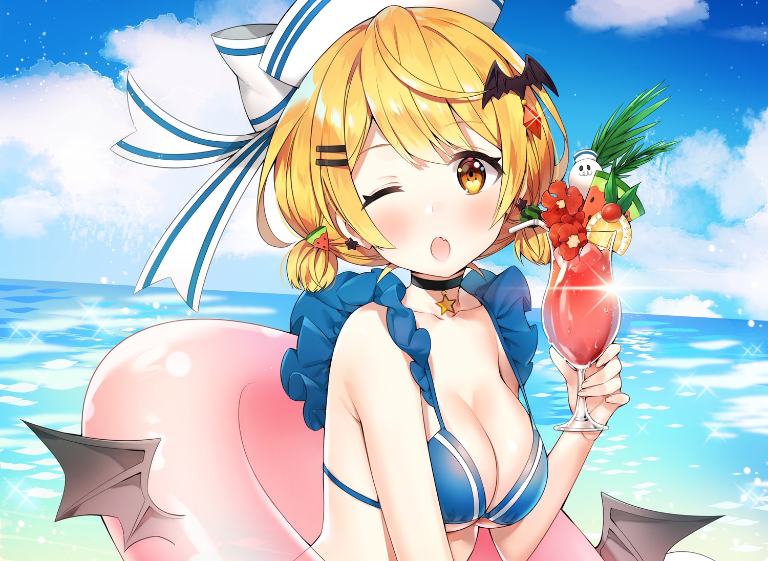 ayamy, bikini, blonde_hair, blush, choker, clouds, drink, fang
