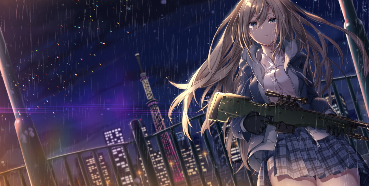 blue_eyes, brown_hair, building, city, gloves, gun, hood, kayase, long_hair, night, original, rain, school_uniform, skirt, sky, stars, tears, water, weapon