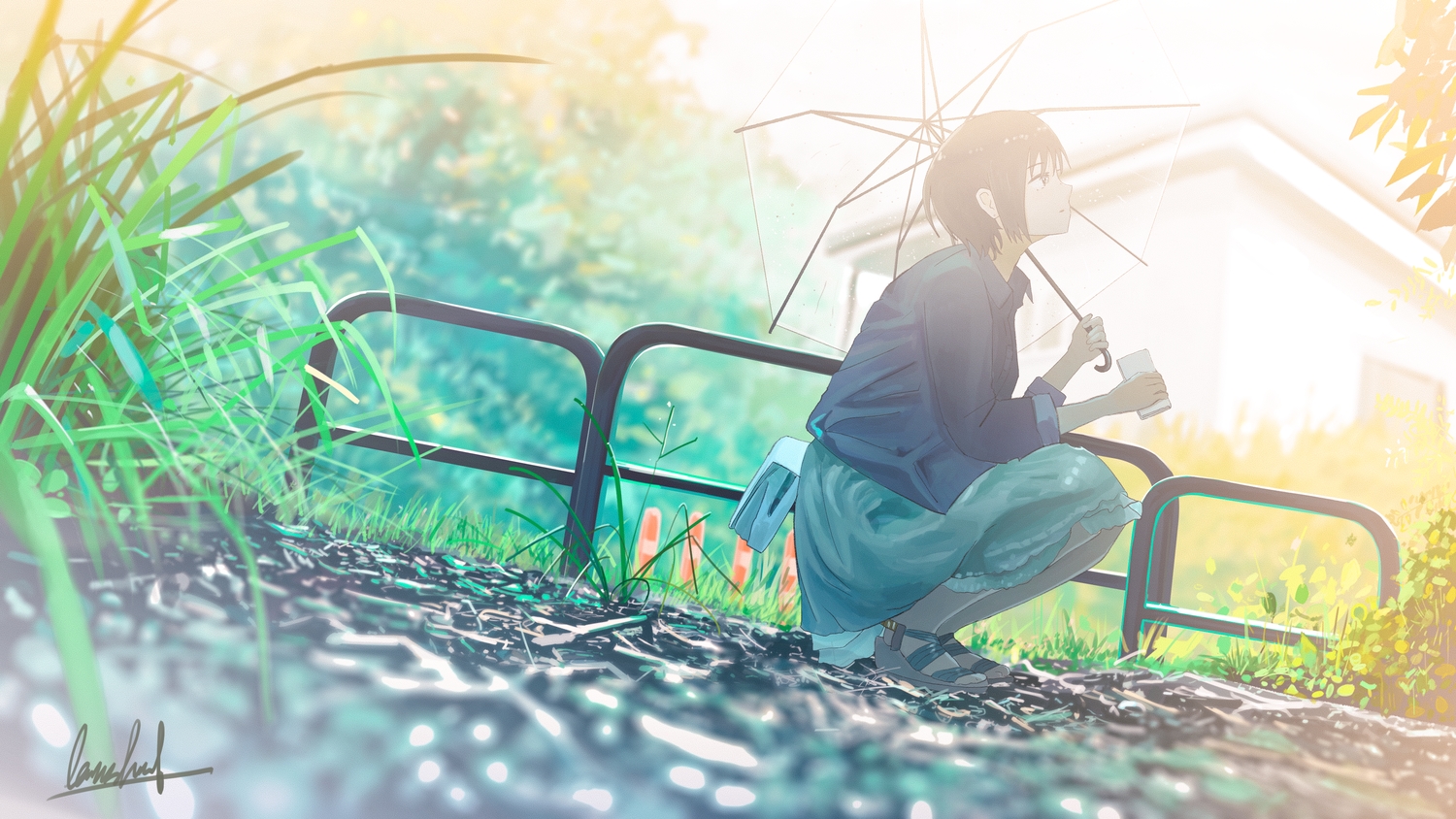 banishment, grass, original, scenic, short_hair, signed, skirt, umbrella