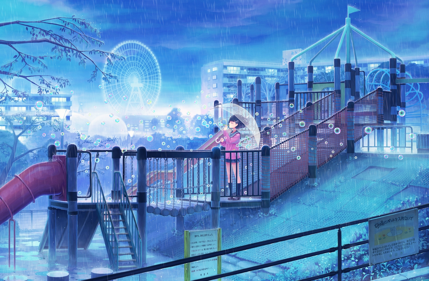 black_hair, bubbles, choker, kneehighs, original, park, rain, scenic