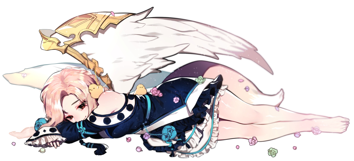 animal, barefoot, bird, blonde_hair, braids, flowers, mabinogi, red_eyes