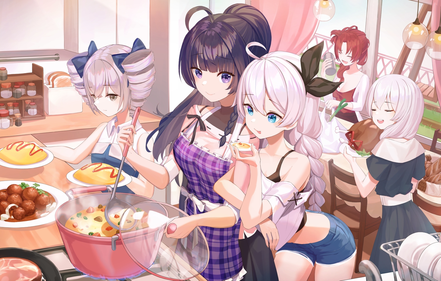 apron, aqua_eyes, black_hair, braids, bronya_zaychik, dress, food, gray_eyes