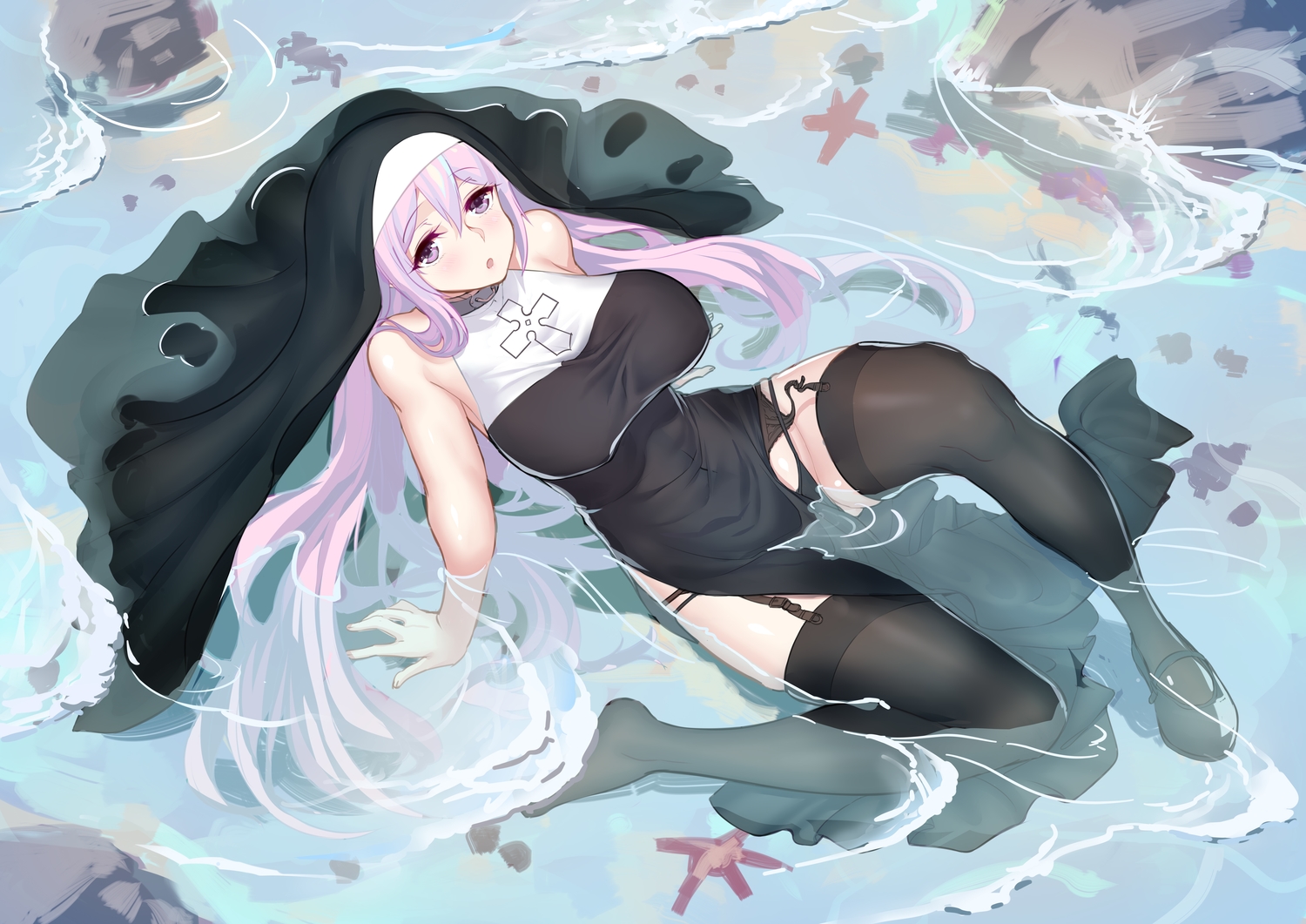 anthropomorphism, breasts, erect_nipples, exeter_(zhanjian_shaonu), garter_belt, headdress, long_hair, nun, onceskylark, original, panties, purple_eyes, purple_hair, stockings, thighhighs, underwear, water, zhanjian_shaonu