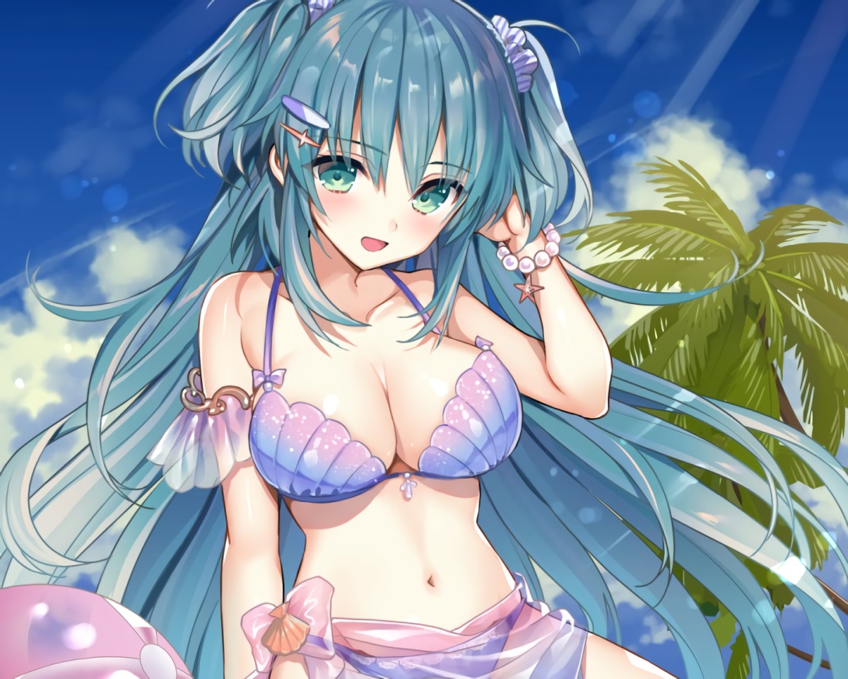 ball, bikini, breasts, cleavage, clouds, cropped, green_eyes, green_hair