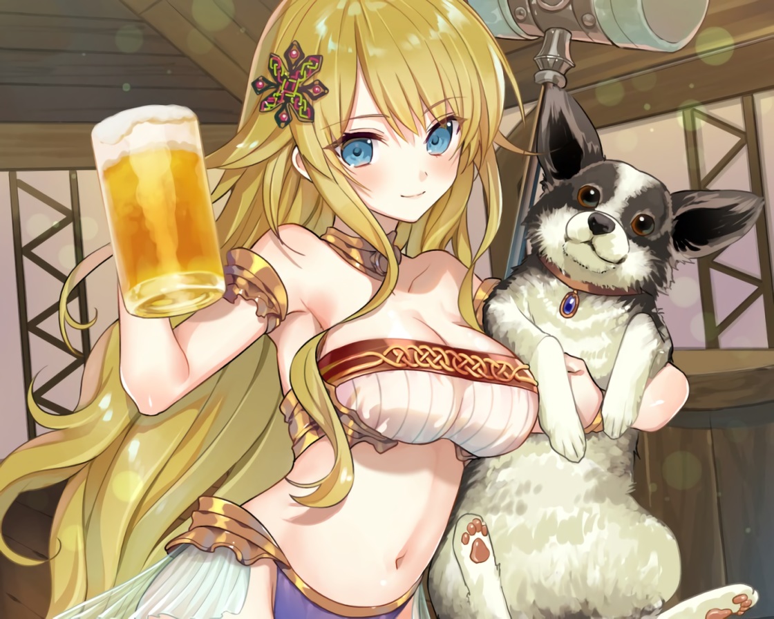 animal, blonde_hair, blue_eyes, breasts, choker, cleavage, cropped, dog