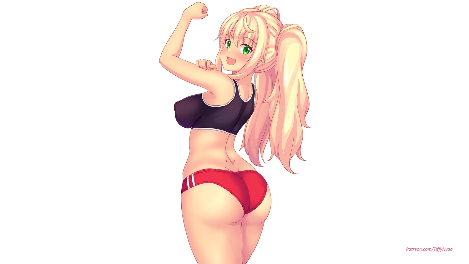 ass, blonde_hair, bloomers, dumbbell_nan_kilo_moteru?, erect_nipples, fang, fast-runner-2024, green_eyes, gym_uniform, long_hair, sakura_hibiki, twintails, watermark