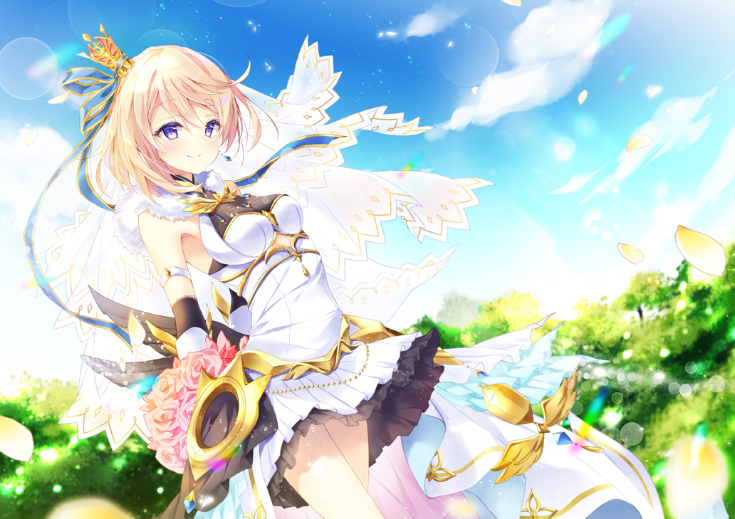 blonde_hair, clouds, crown, dress, eleanor_(shironeko_project), flowers, headdress, mocha_(naturefour), petals, purple_eyes, ribbons, rose, shironeko_project, short_hair, sky