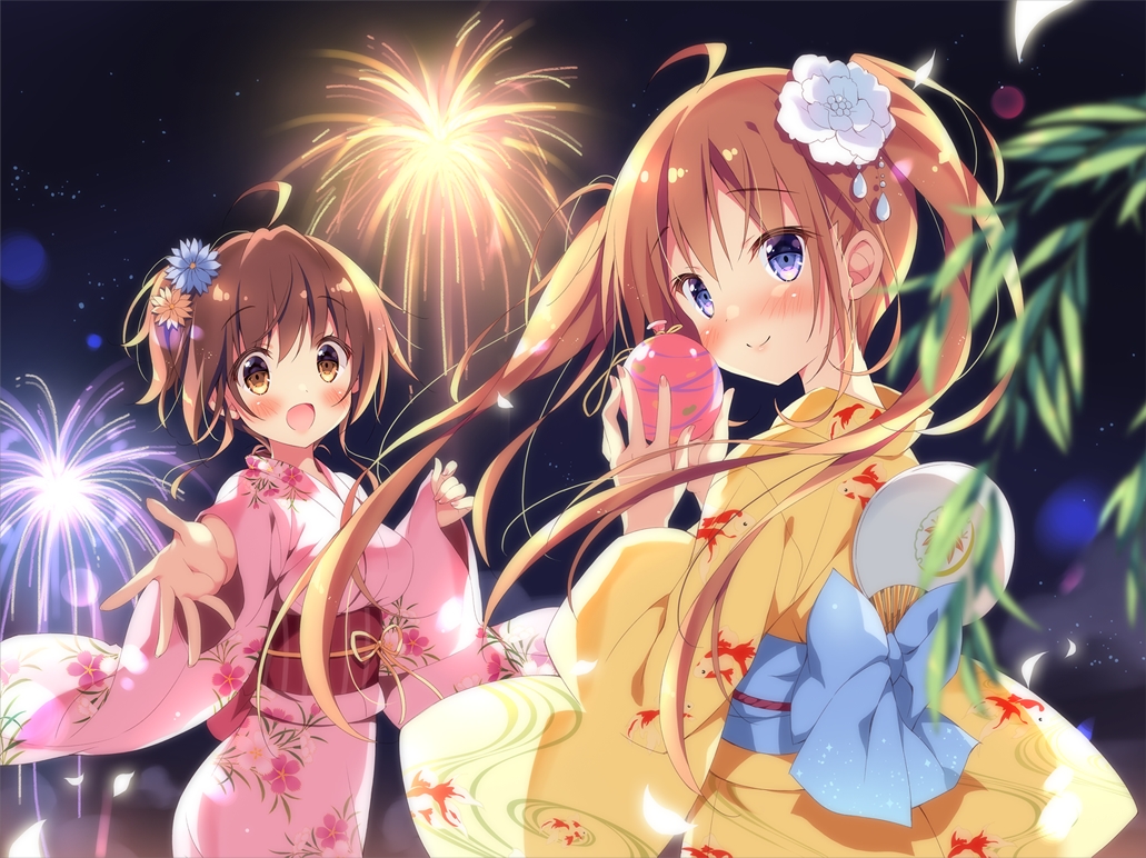 2girls, blue_eyes, blush, bow, brown_eyes, brown_hair, fan, fireworks