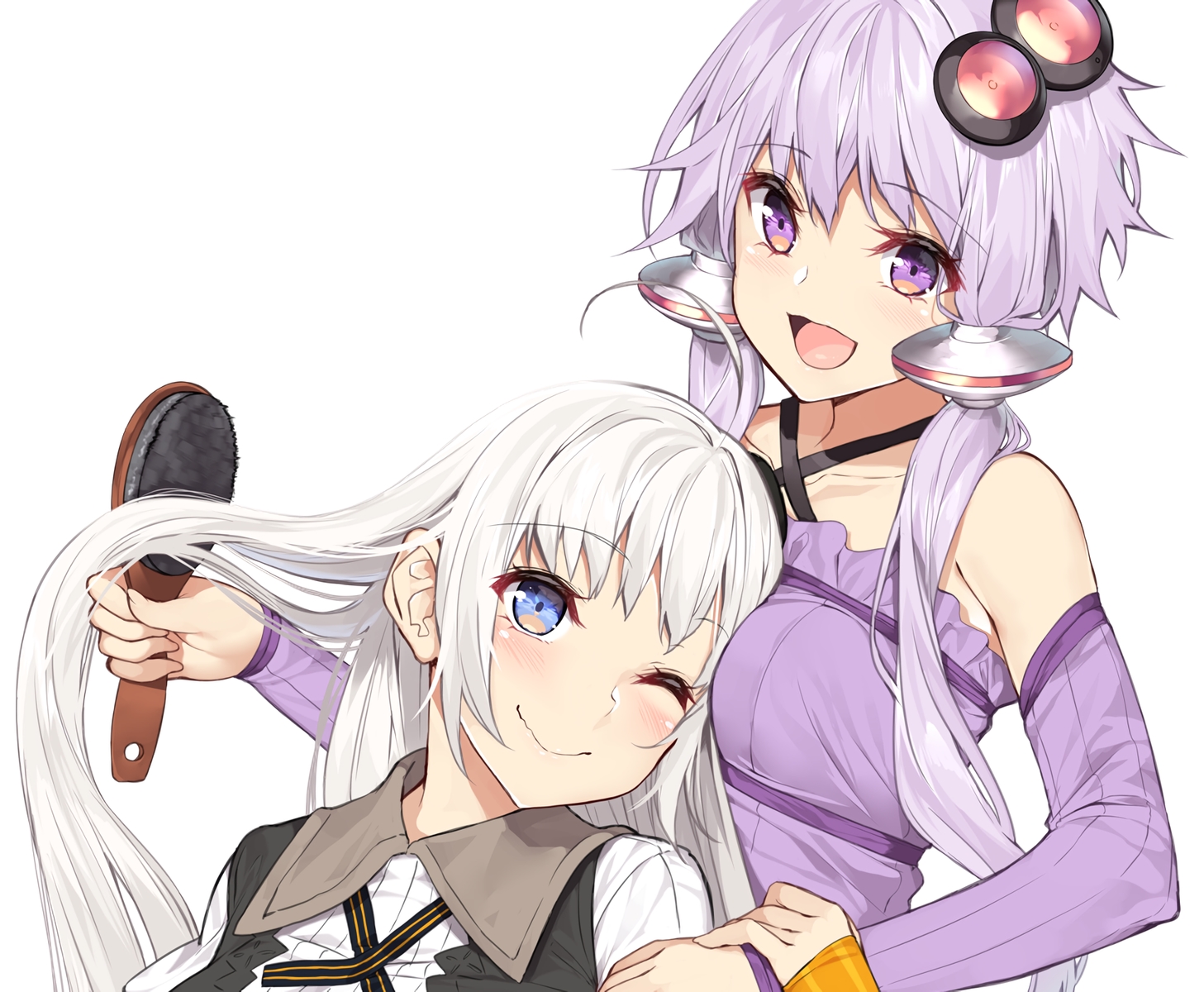2girls, blue_eyes, blush, cropped, kizuna_akari, long_hair, purple_eyes, purple_hair