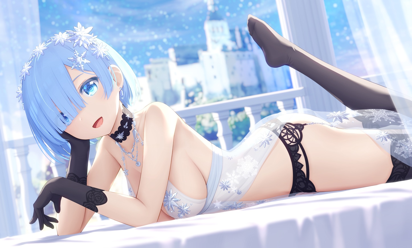 blue_eyes, blue_hair, breasts, building, choker, city, cleavage, cosplay, fate/grand_order, fate_(series), garter_belt, haribote_(tarao), rem_(re:zero), re:zero_kara_hajimeru_isekai_seikatsu, short_hair, stockings, thighhighs