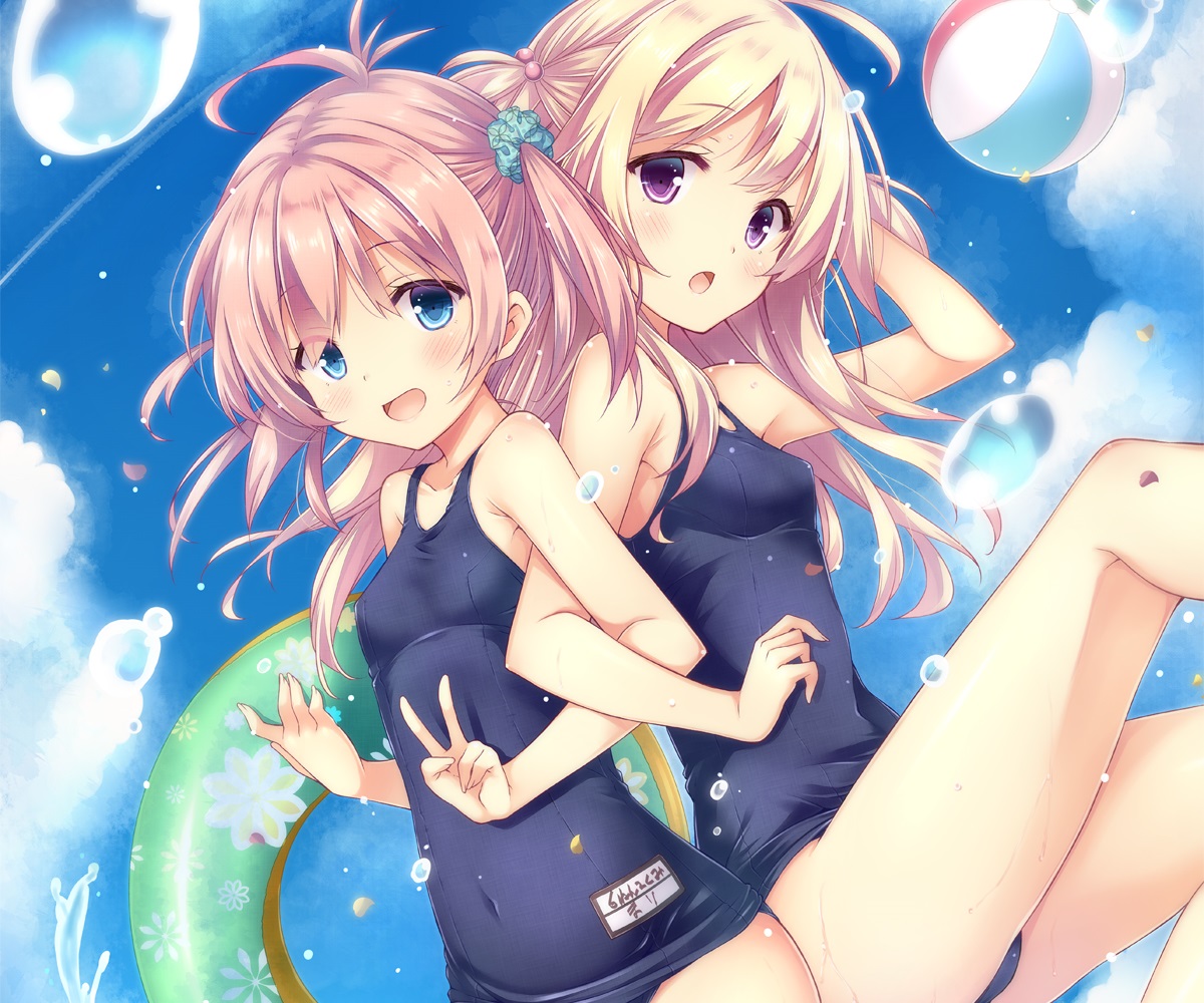 2girls, aqua_eyes, ball, blonde_hair, blush, clouds, cropped, original