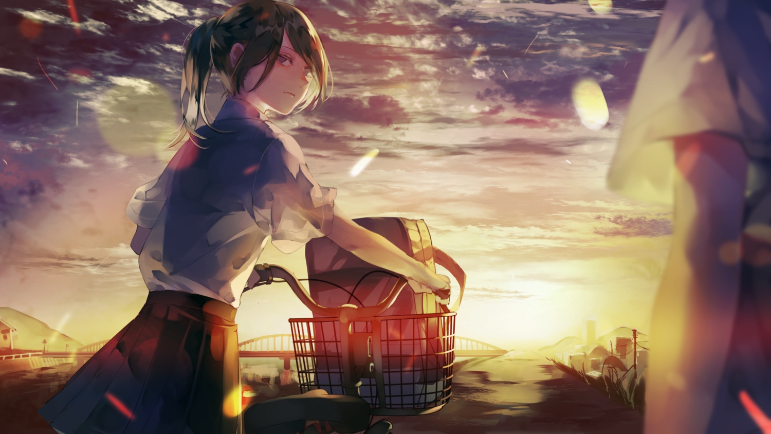 bicycle, black_hair, clouds, long_hair, original, ponytail, purple_eyes, school_uniform, skirt, sky, sunset, syokuuuuuuuuumura