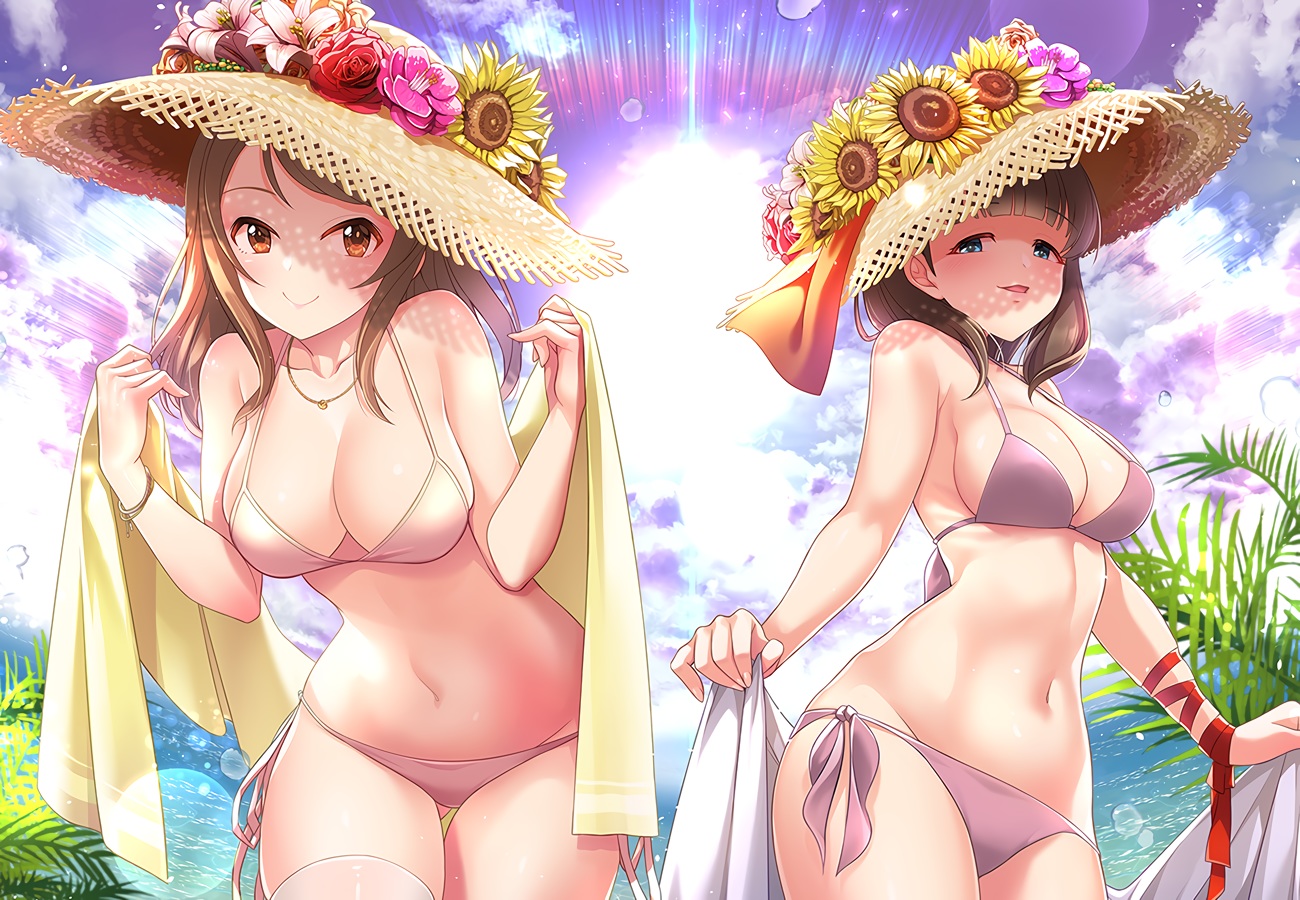 2girls, bikini, blue_eyes, brown_hair, clouds, flowers, hat, idolmaster