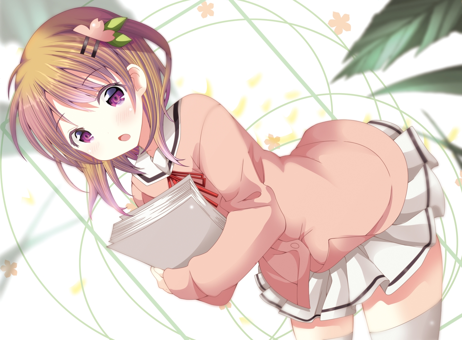 blush, brown_hair, gochuumon_wa_usagi_desu_ka?, hoto_cocoa, kohakugin, paper, purple_eyes, school_uniform, short_hair, skirt, thighhighs