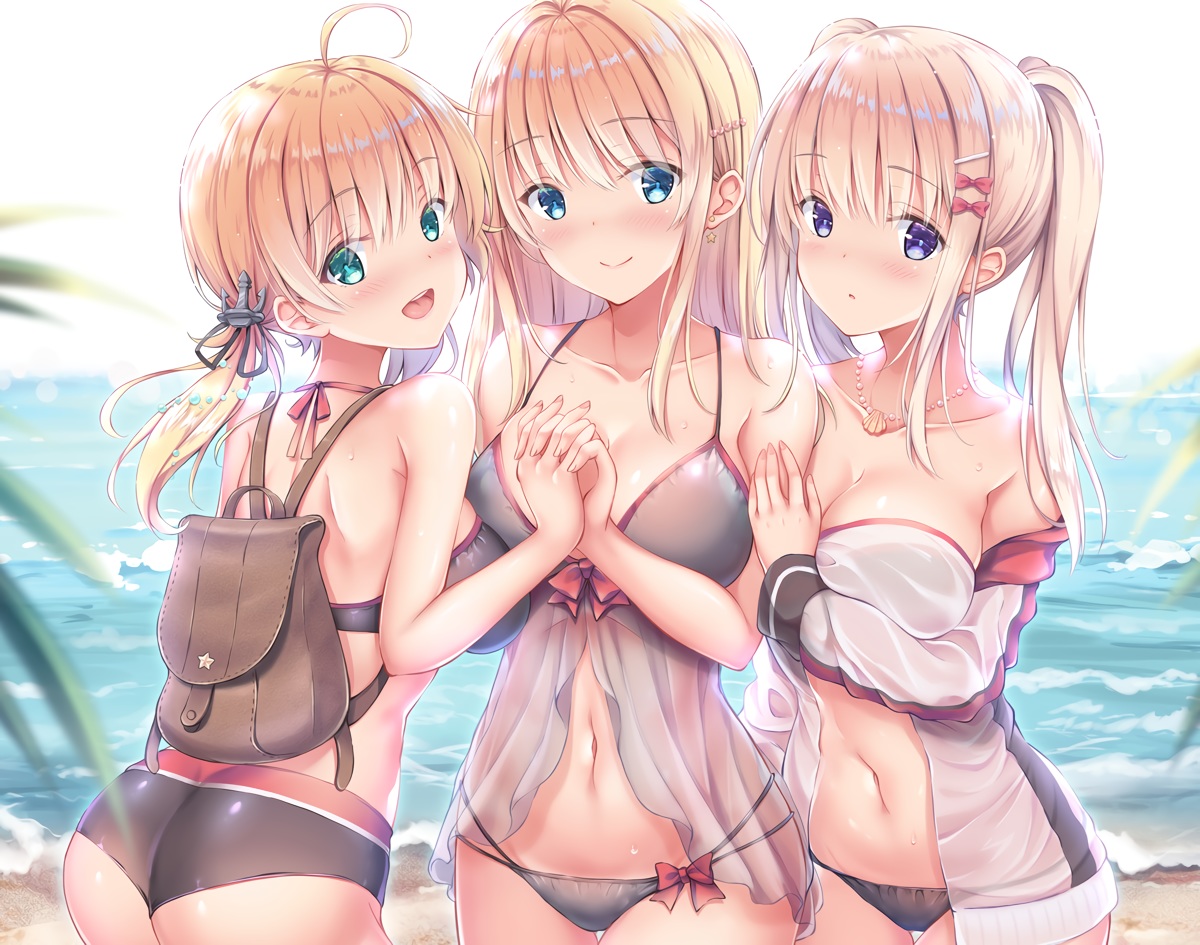 anthropomorphism, ass, beach, bikini, bismarck_(kancolle), blonde_hair, blue_eyes, blush, breasts, cleavage, cropped, graf_zeppelin_(kancolle), green_eyes, kantai_collection, long_hair, navel, necklace, ponytail, prinz_eugen_(kancolle), purple_eyes, see_through, swimsuit, twintails, water, yuriko
