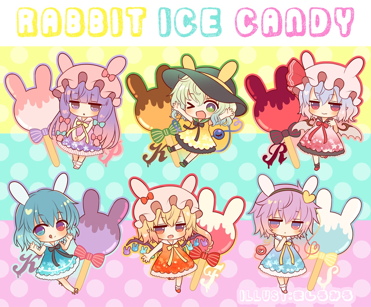 animal_ears, bicolored_eyes, blonde_hair, blue_hair, bow, bunny_ears, bunnygirl, chibi