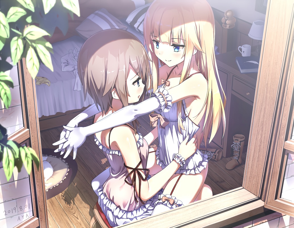 2girls, ange_le_carré, aqua_eyes, aya223, bed, blonde_hair, book, bow, brown_hair, elbow_gloves, garter_belt, gloves, long_hair, princess_(princess_principal), princess_principal, short_hair, shoujo_ai, signed, thighhighs