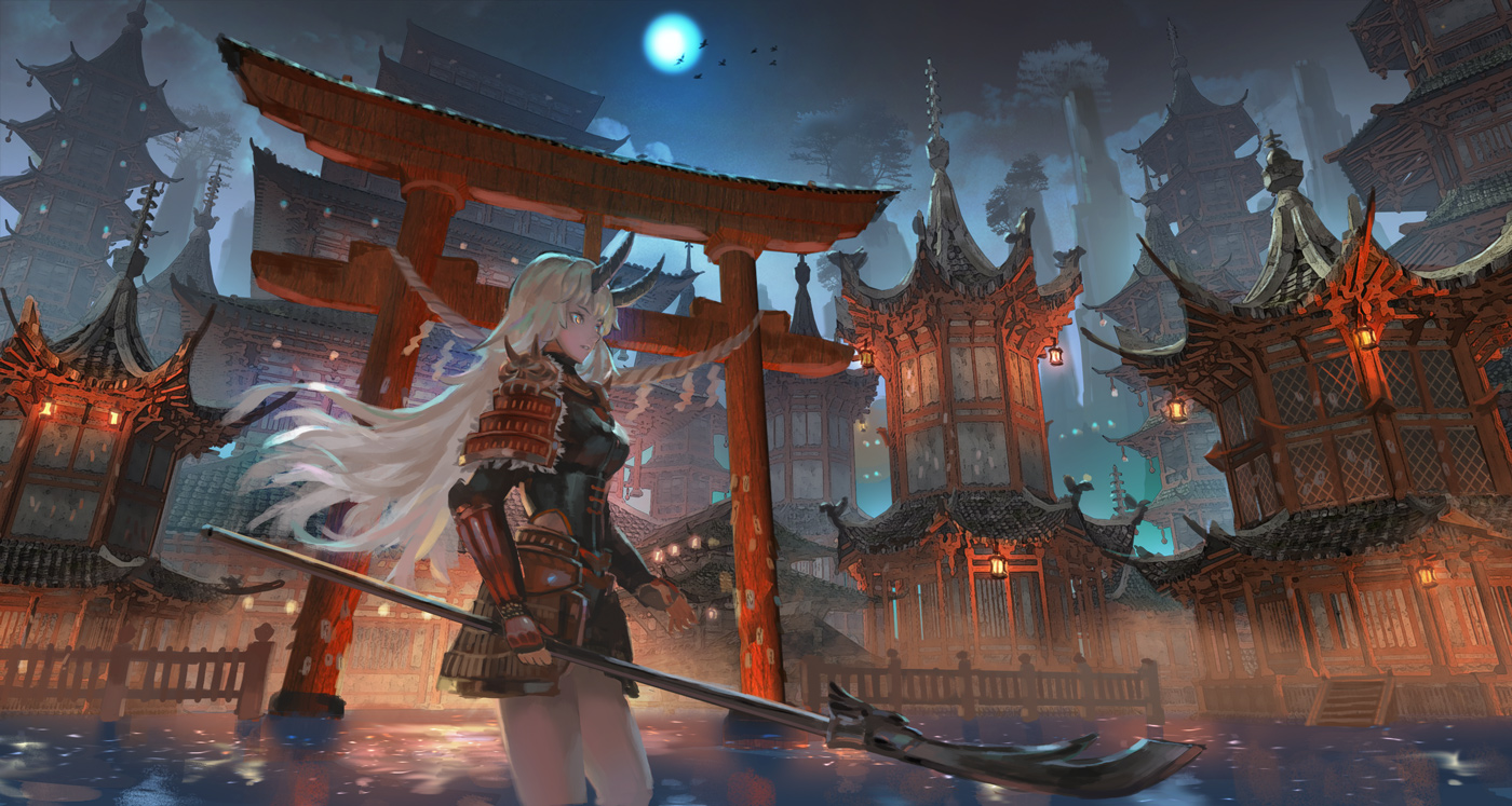 armor, building, city, denki, horns, long_hair, moon, night