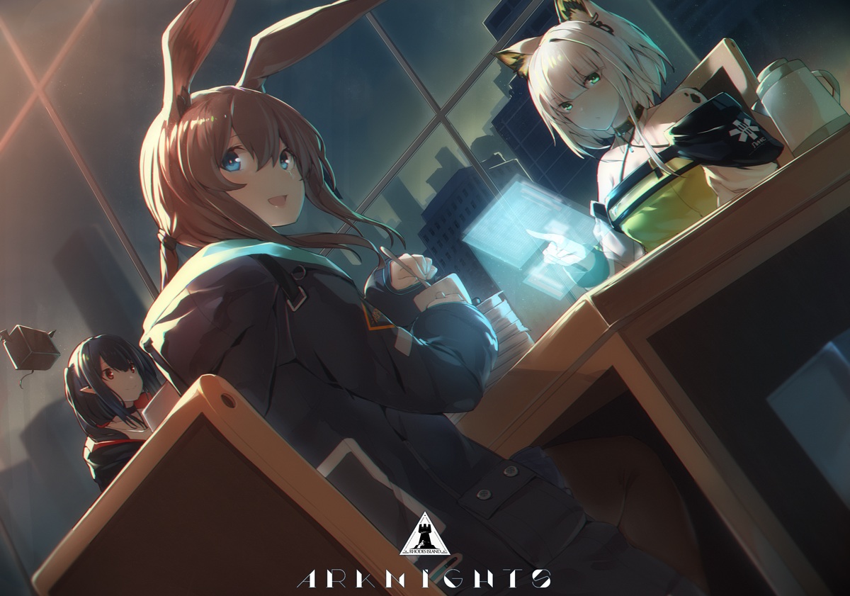 amiya_(arknights), animal_ears, arknights, black_hair, blue_eyes, brown_hair, bunny_ears, bunnygirl