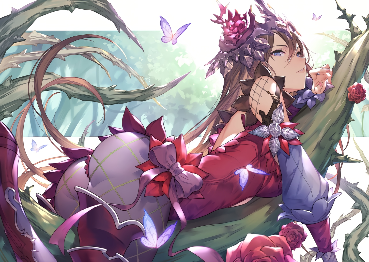 ass, brown_hair, butterfly, flowers, granblue_fantasy, kakage, long_hair, purple_eyes