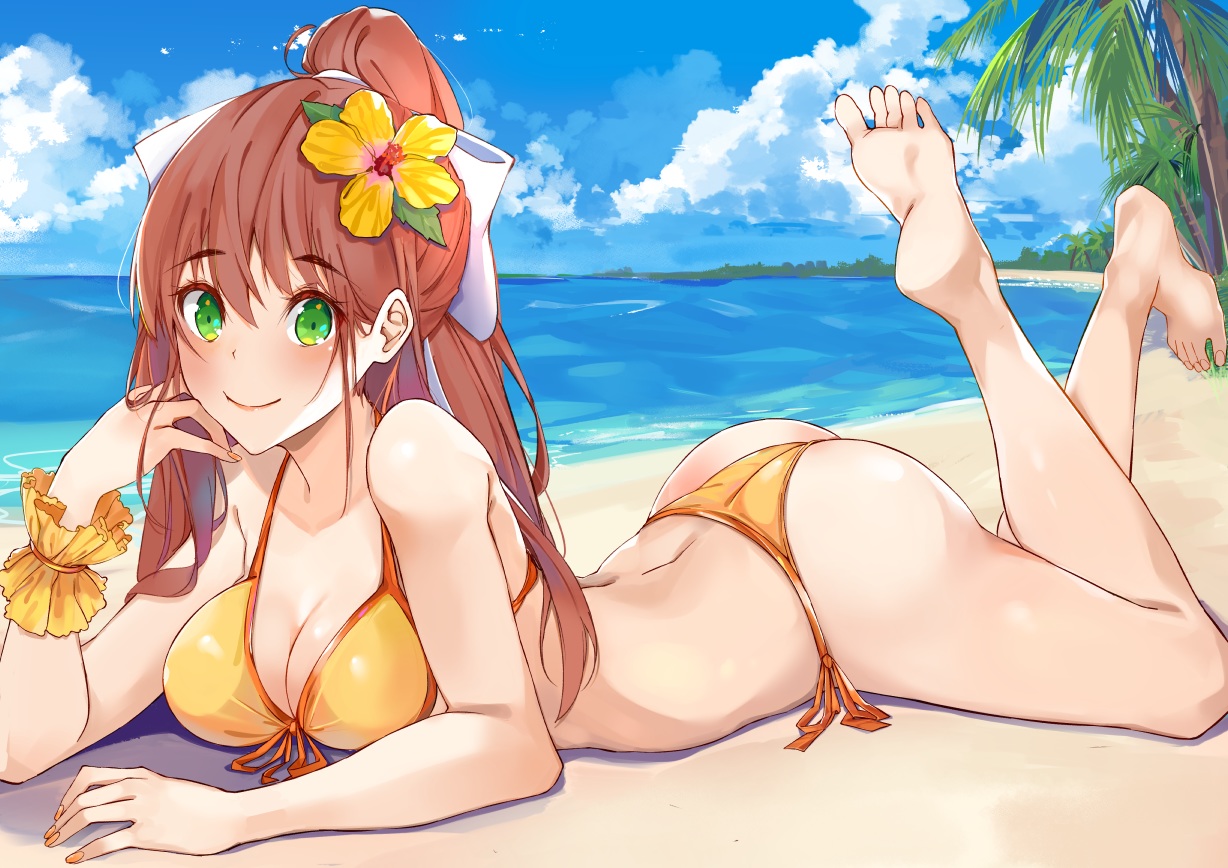 ass, barefoot, beach, bikini, blush, breasts, brown_hair, cleavage, clouds, doki_doki_literature_club!, green_eyes, monika_(ddlc), ponytail, sky, swimsuit, tree, water, xhunzei
